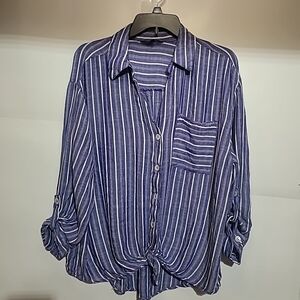 Navy Striped Button-Up Women's Blouse